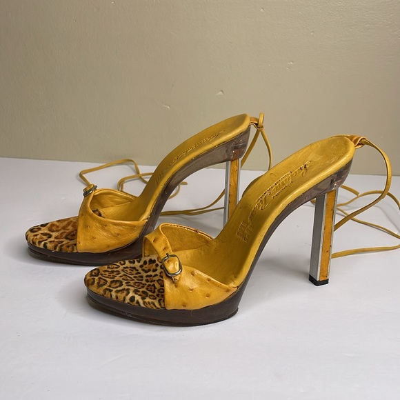 LUCIANO ROSSI Platform Heels Genuine Ostrich Laces Up Ankle Square Size 9 - Picture 10 of 12